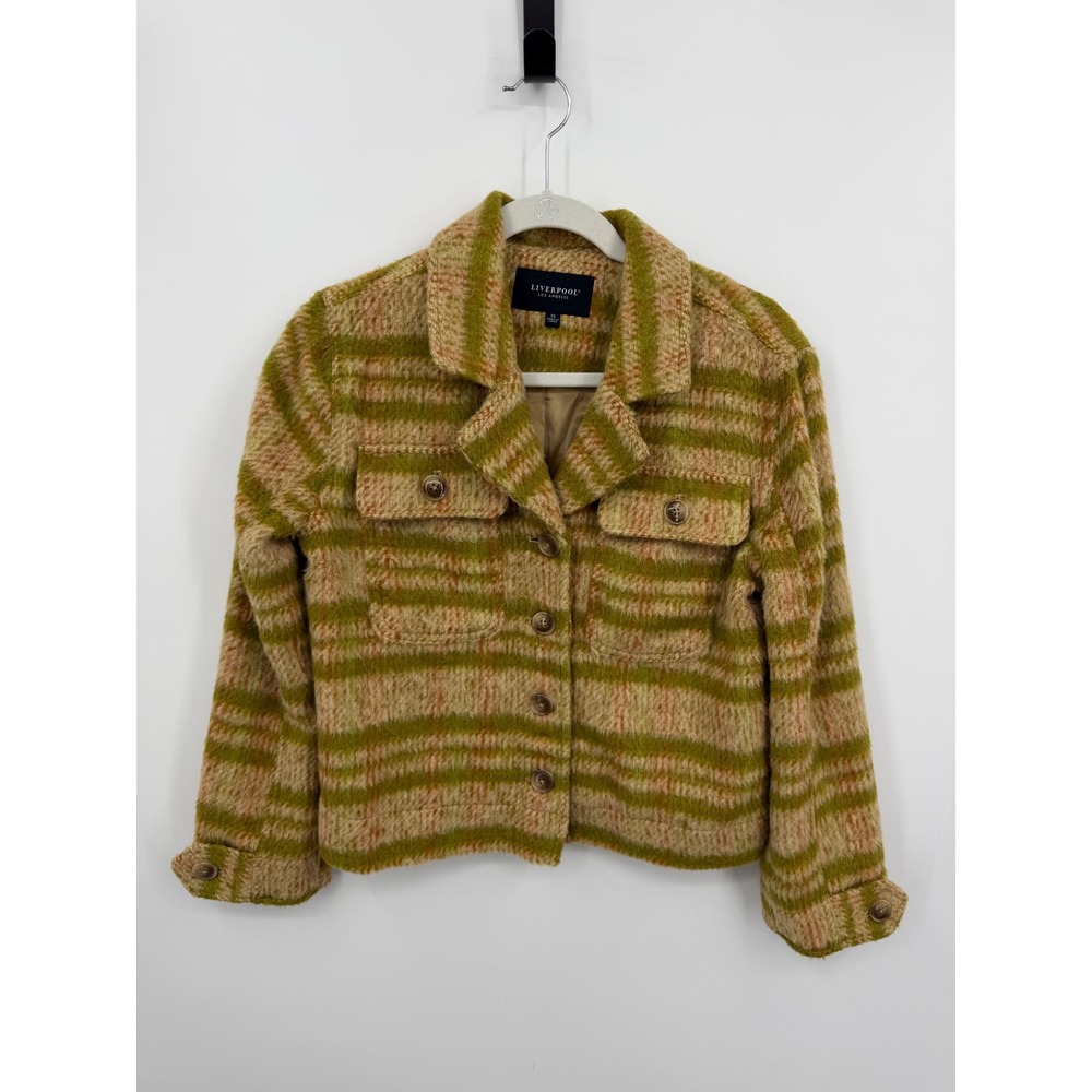 Liverpool plaid‎ Fuzzy Trucker Jacket sz XS Green Gold button front boxy Shacket
